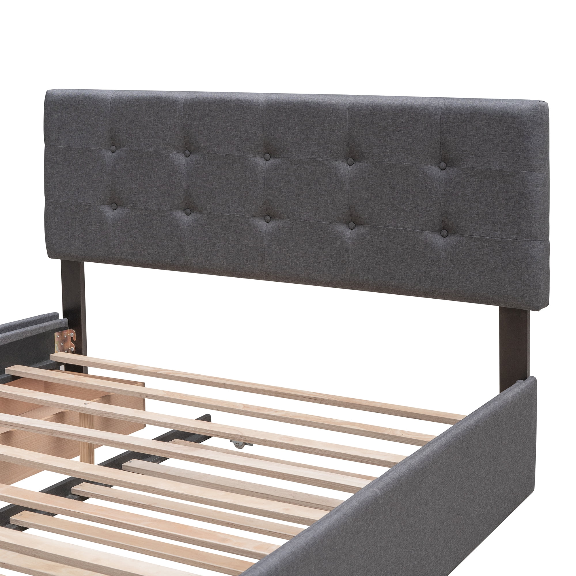 Aukfa Queen Upholstered Platform Bed with Twin XL Trundle and 2 Storage Drawers, Linen Fabric Tufted Headboard & Footboard, Drak Gray