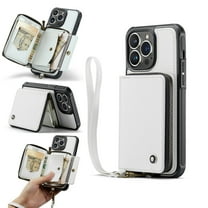 Decase for Apple iPhone 15 Pro Max 6.7 Inch (2023 Release),iPhone 15 Pro Max Wallet Case With Crossbody & Wrist Strap,Zipper Card Pocket Stand Rugged PU Leather Phone Cover - White