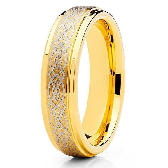 Silly Kings 6mm Tungsten Carbide Wedding Band Yellow Gold Celtic Design Men & Women Comfort Fit Ring
