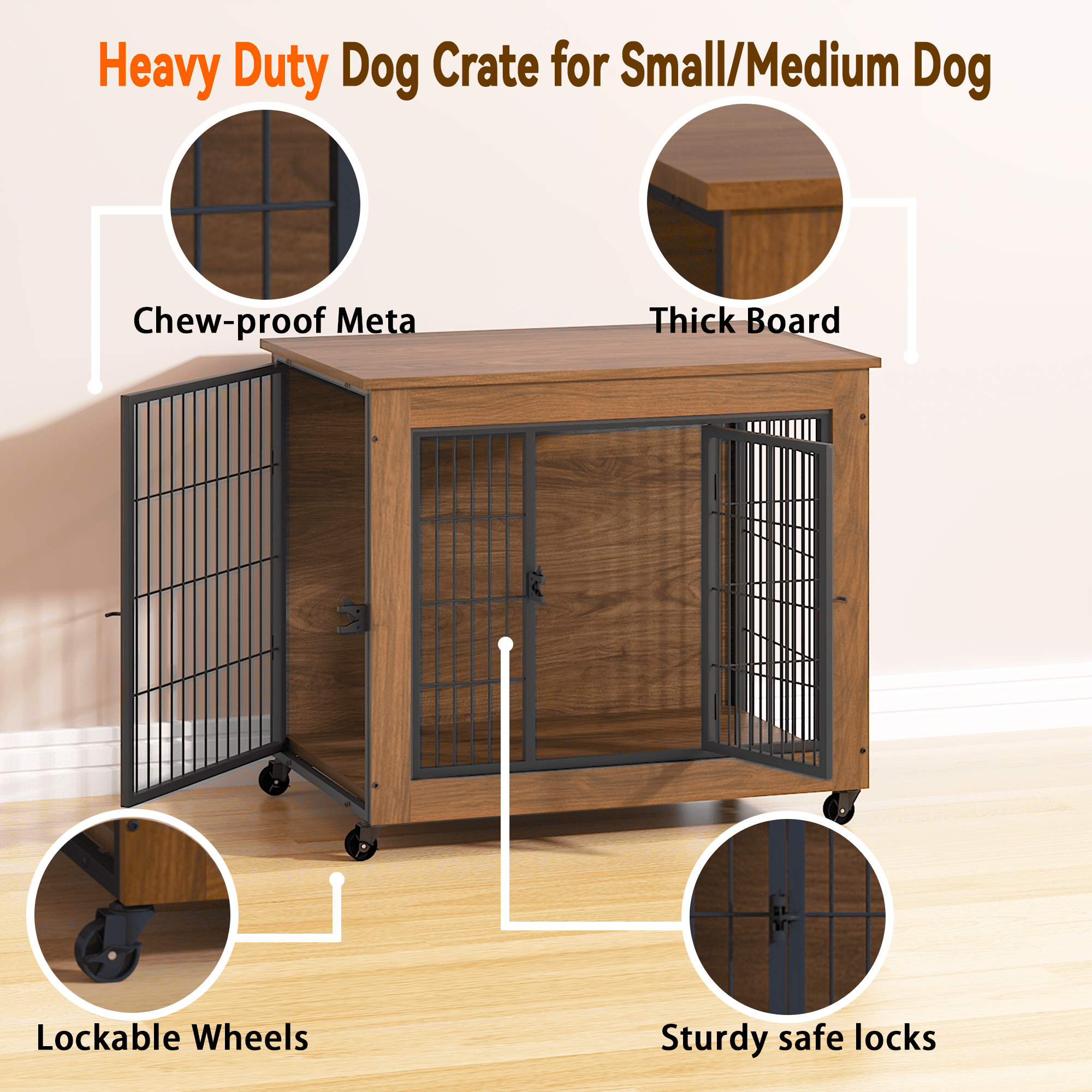 32.5" Dog Crate Furniture with Wheels for Small Dogs, Heavy Duty Dog Kennel Indoor with 2 Doors, Wooden Pet Cage End Table, Double-Doors Sturdy Metal Dog Cage for Anxiety Dog