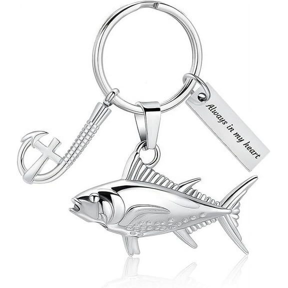 Fish Cremation Urn Keychain for Ashes With Fish Hook Stainless Steel Fish Shape Memorial Urn Keychain Keepsake Jewelry Urn Keyring with Funnel Kit for Human Ashes
