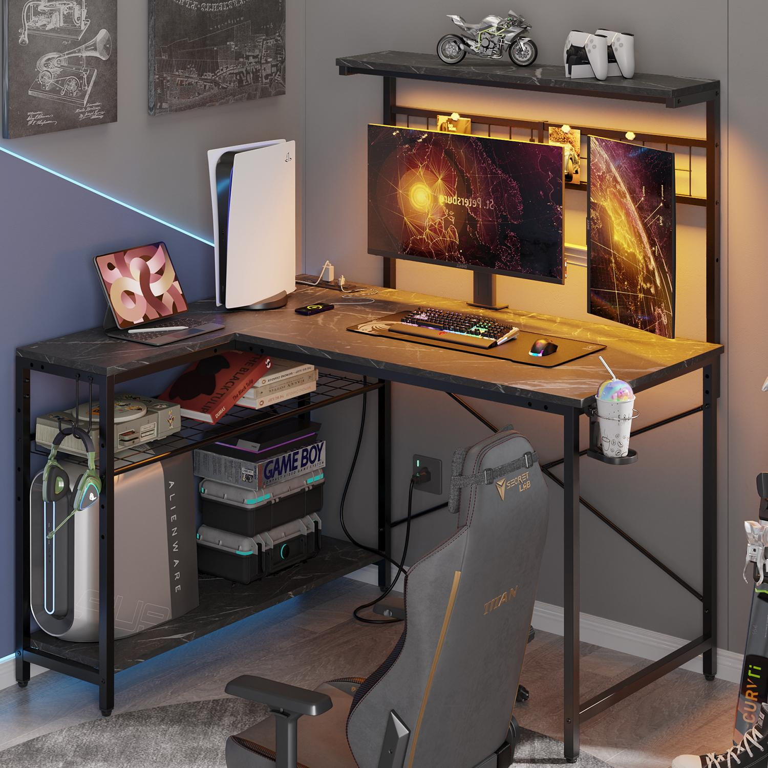 Bestier 42 inch Gaming Desk with LED Lights & Power Outlet, Reversible L Shaped Computer Desk with Hutch & Storage Shelves, Black Marble