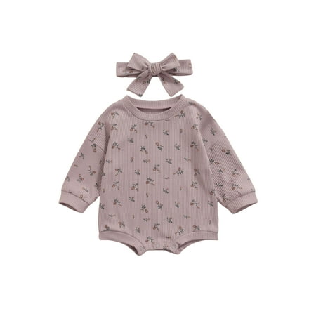 

allshope Infant Long Sleeve Romper + Bow Headband Flower Print Classic Round Neck Spring Clothing