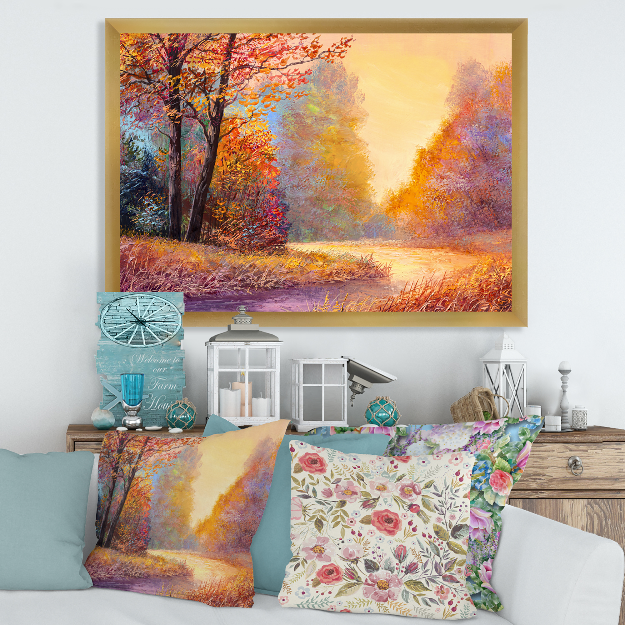 Designart 'The Autumn Forest Orange Leaves Landscape With Path' Lake House Framed Art Print