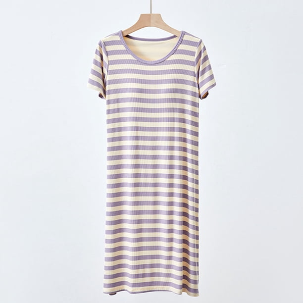 Camisola corta de verano para mujer, a rayas, cuello redondo, con cojín en el pecho, holgada y cómoda, de algodón.