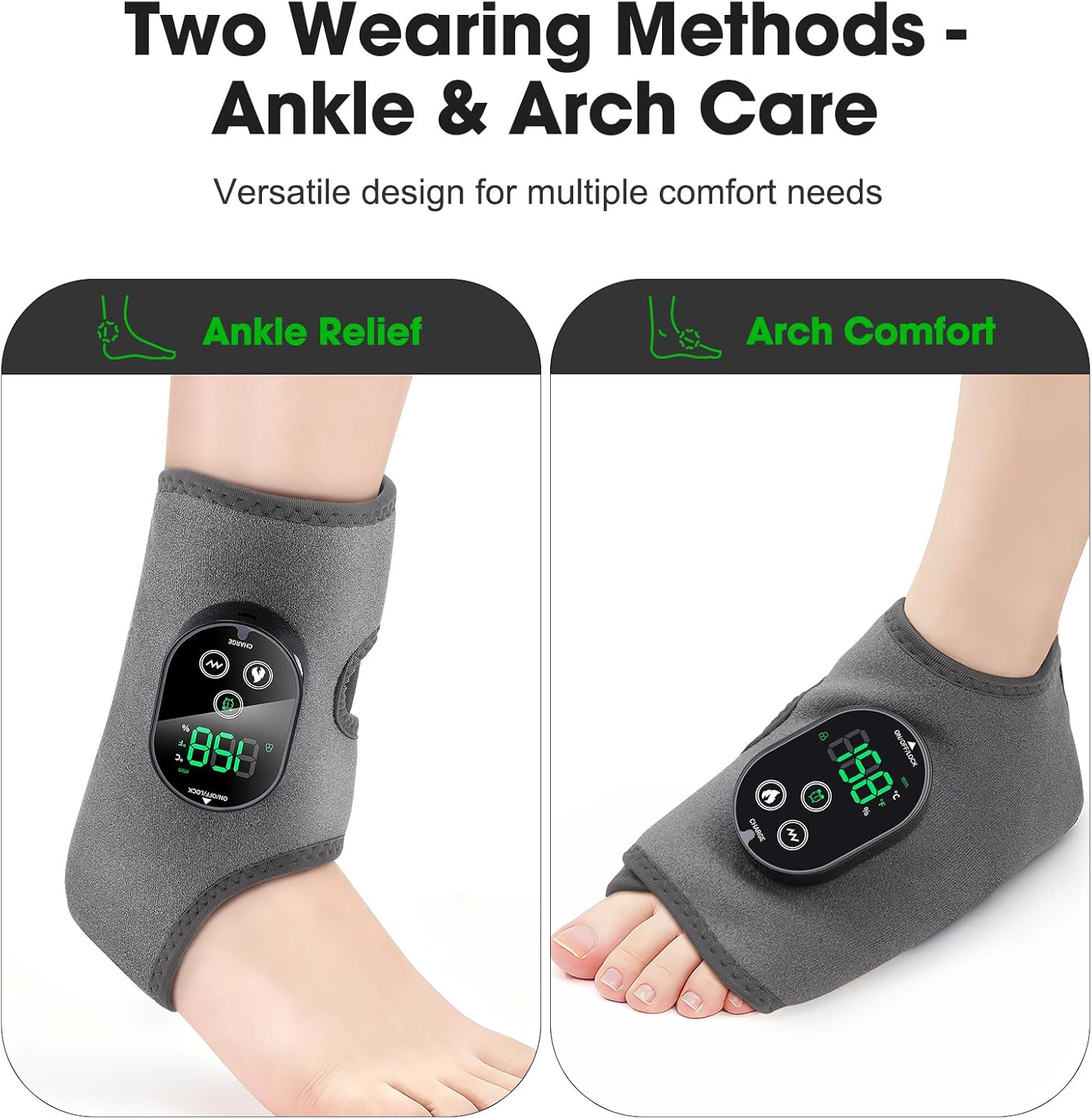 Cordless Foot Ankle Massager, Ankle Heating Pad, Ankles Heated Wrap, Foot Heating Pad with 6 Heat Levels, 3 Timing & Vibration, 3000mAh Battery, Adjustable Strap for Left/Right Feet, Gray 2pcs