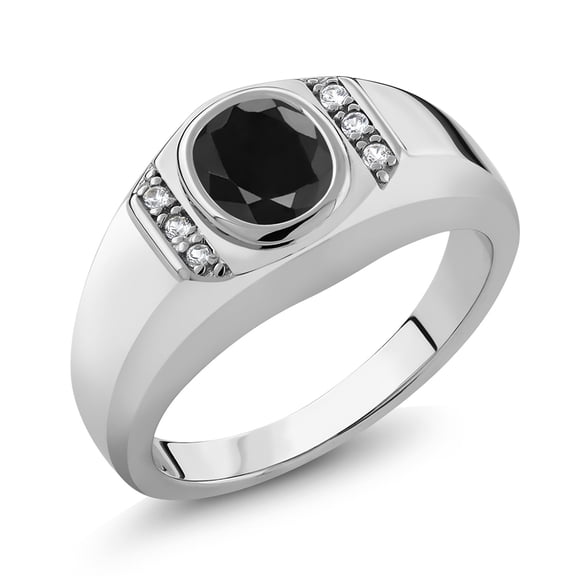 Gem Stone King 925 Sterling Silver Black Sapphire and White Created Sapphire Men's Ring (1.72 Ct Oval 8X6MM, Available in Size 7, 8, 9, 10, 11, 12, 13)