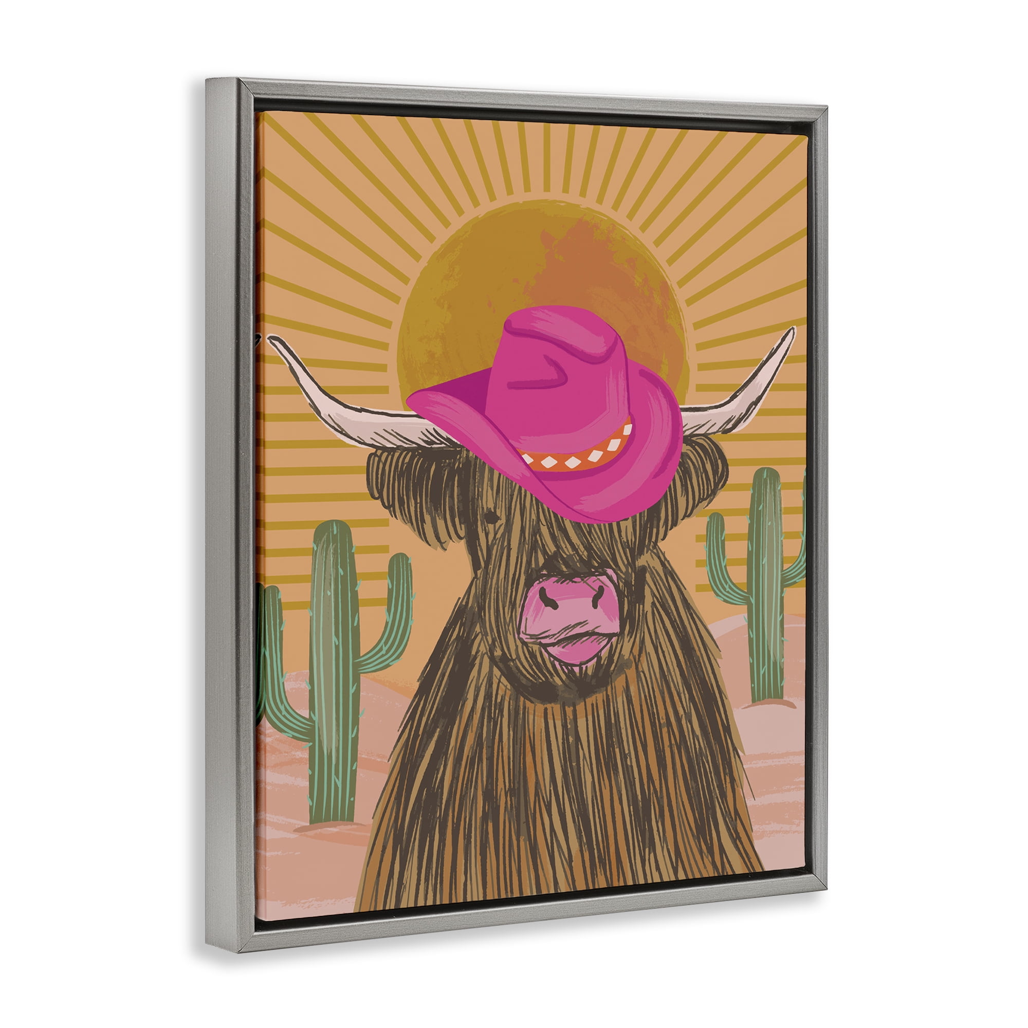 Stupell Industries Howdy Cowgirl Cattle Animals Painting Gray Floater Framed Canvas Art Print Wall Art, 25 x 31