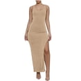 thumbnail image 2 of POTETI Womens Dresses Khaki Beach Dresses Crew-Neck Dress Short Sleeve Casual Bandage Solid Tunic Mini Dress Boho Dresses for Women, 2 of 7