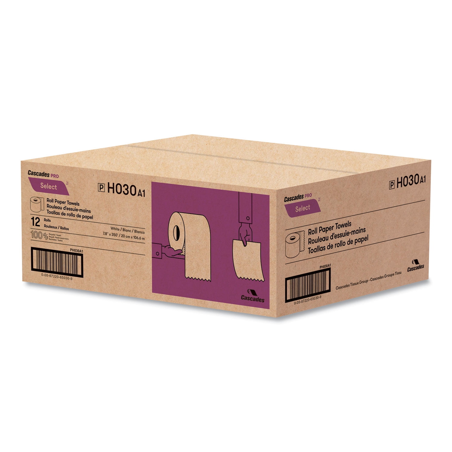 Cascades Select Roll Paper Towels, 1-Ply, 7.88" x 350 ft, White, 12 Rolls/Carton