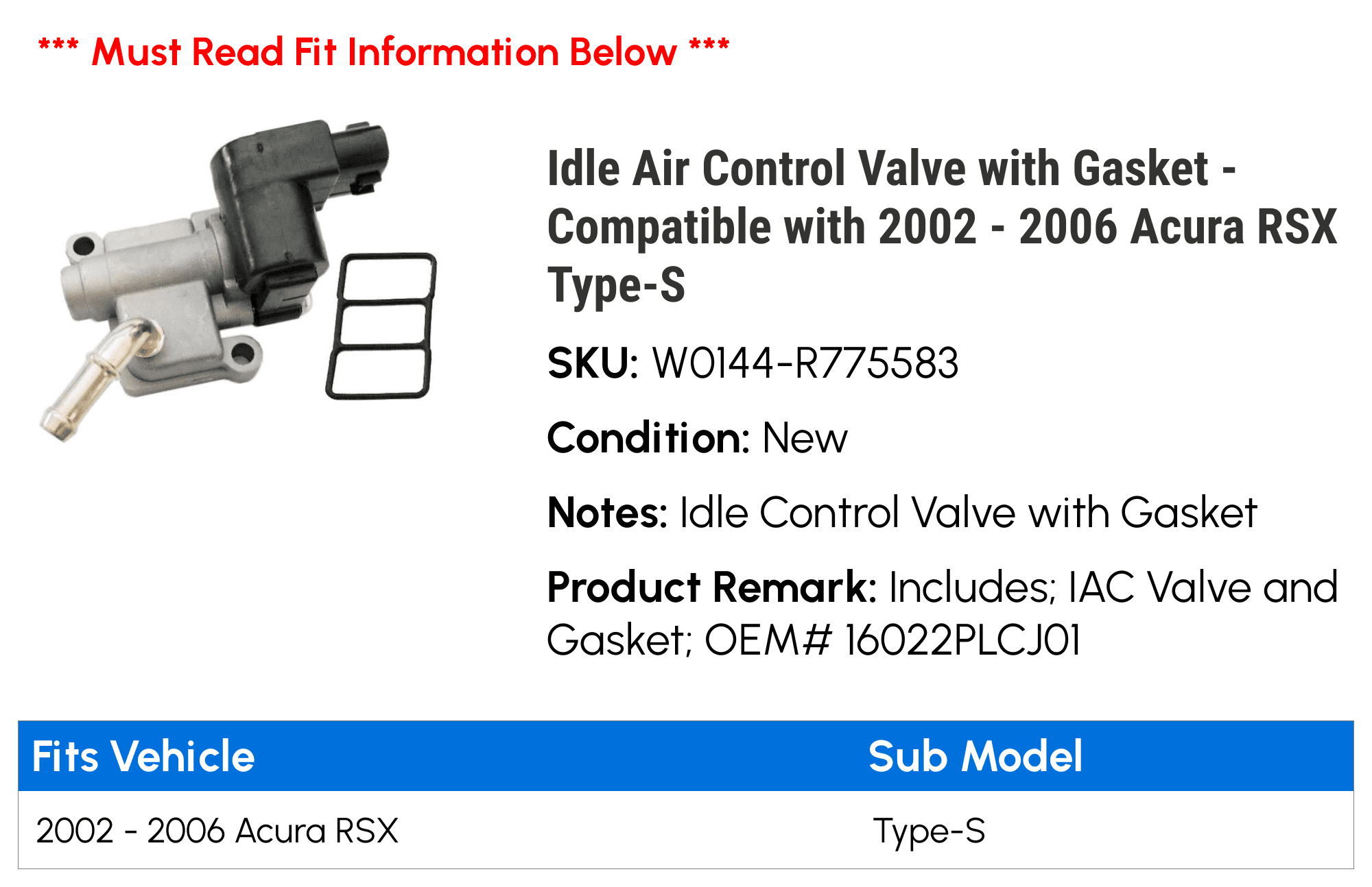 Idle Air Control Valve with Gasket - Compatible with 2002 - 2006 Acura RSX Type-S 2003 2004 2005