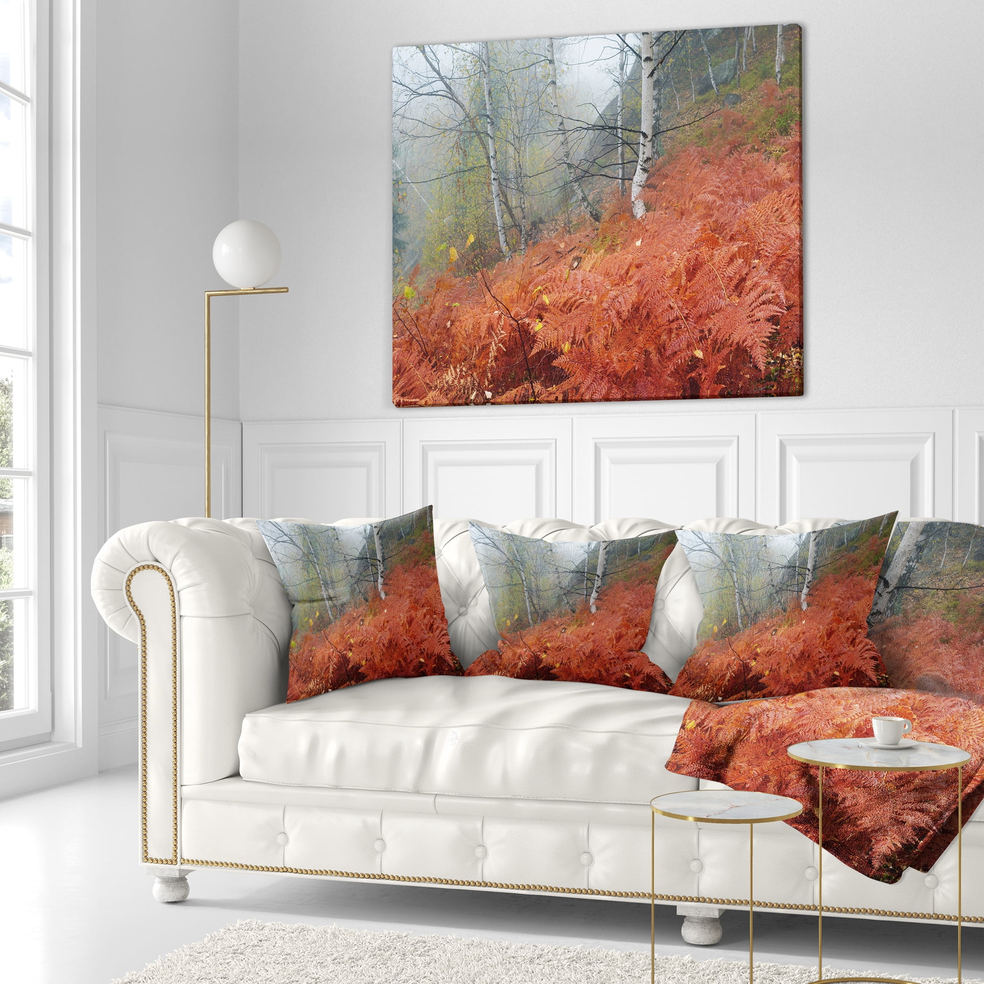 Designart Red Fern in Foggy Fall Fay - Landscape Photo Throw Pillow - 16x16