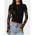 thumbnail image 2 of Women'S T-Shirt Slim Fit Lace Panel Sleeves Crop Top with Thumb Hole Round Neck Y2K Style for A Trendy Look Black XL, 2 of 5