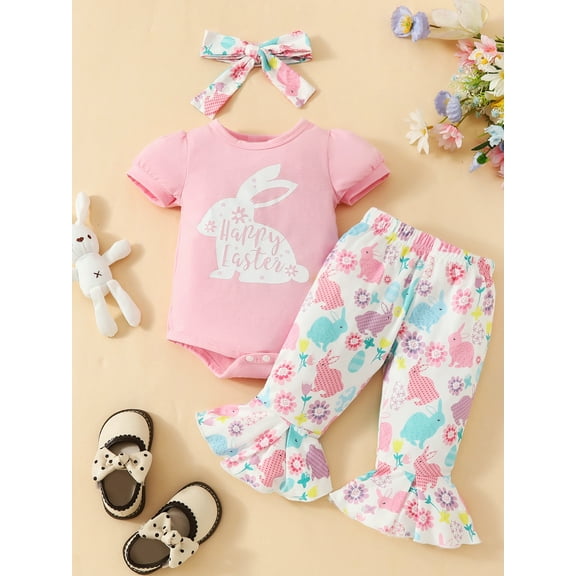 WIBACKER Easter Outfits for Infant Girls Clothes Bunny Romper Tops Flared Pants Headband Baby Set