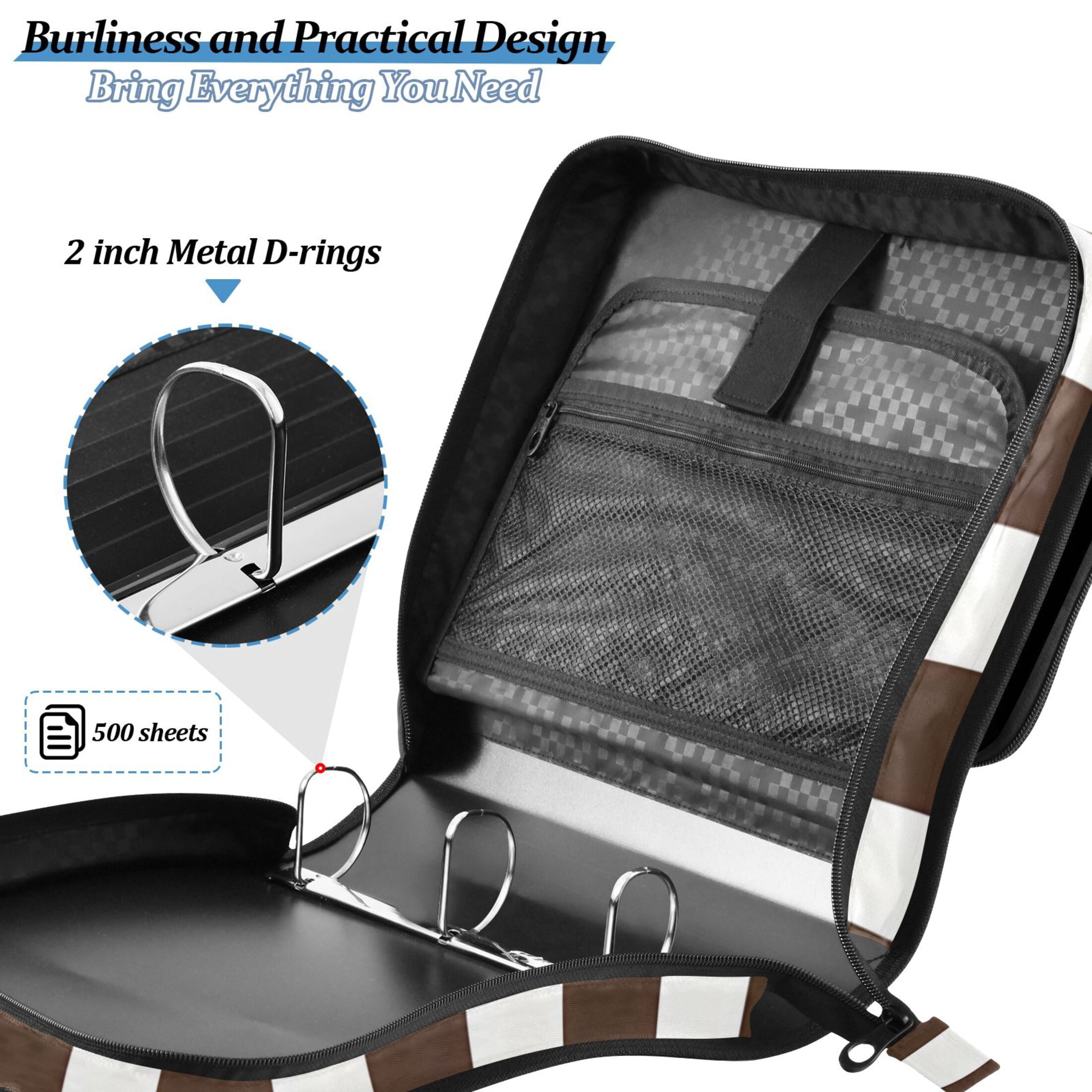 3 Ring Zipper Binder with Shoulder Strap Waterproof Trapper Keeper 2 Inch D-Ring 500 Sheets Capacity Dark Brown and White Striped