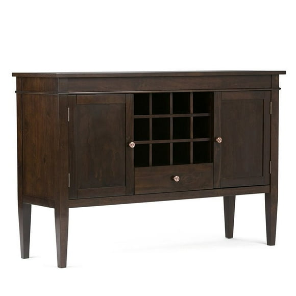 Simpli Home Carlton Wood 54" Transitional Sideboard Buffet Credenza and Wine Rack in Brown
