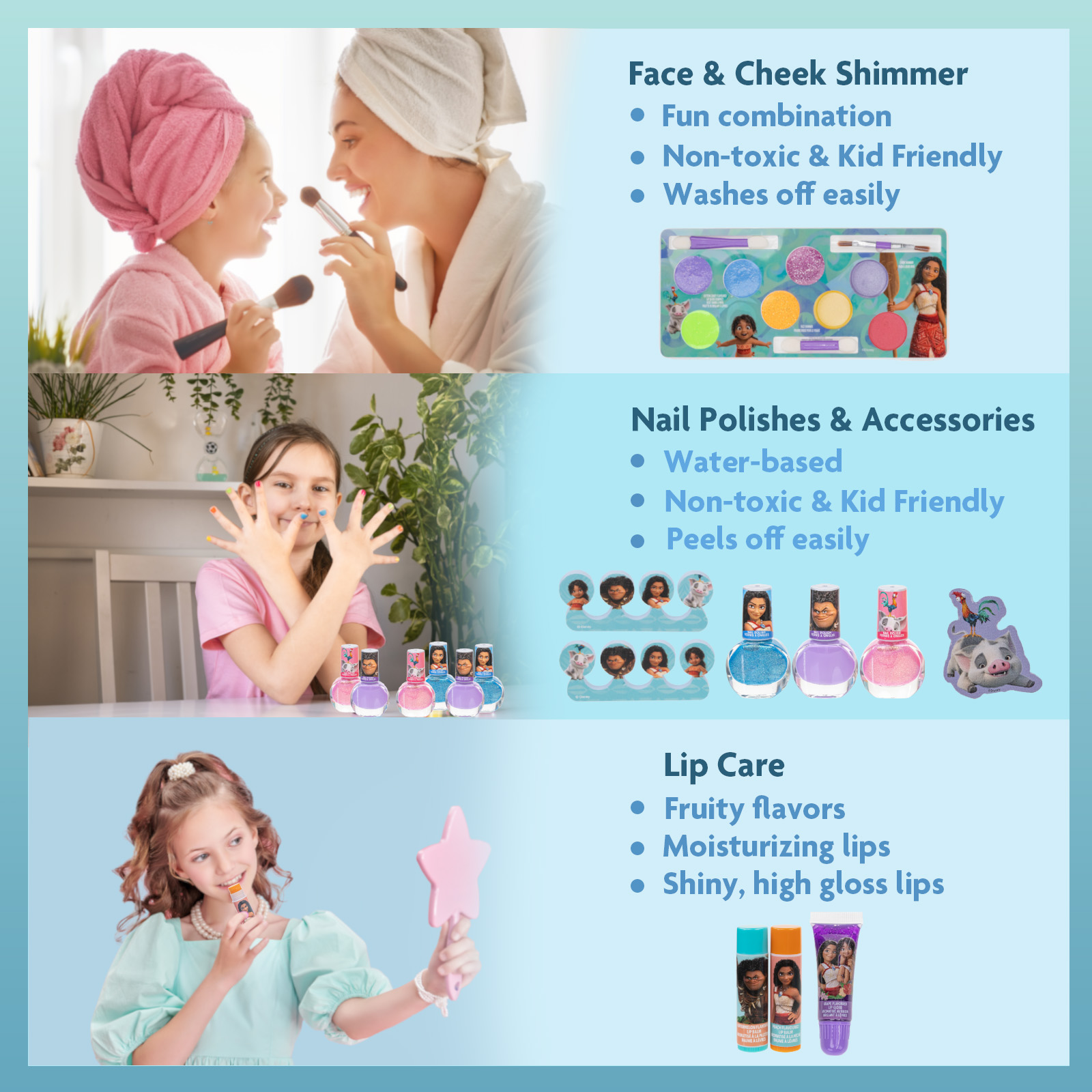 Moana 2 Kids Makeup Kit Train Case Beauty Set, Washable Play Makeup Set for Kids