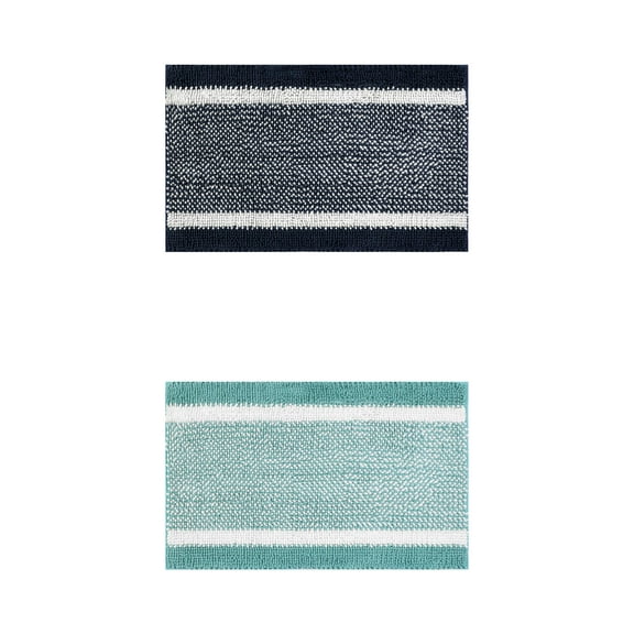 NOMADIC NOOK 2 Pcs Chenille Striped Bathroom Mats Non-Slip Soft Plush Shaggy Bath Rugs Blue/Green 16" x 24"