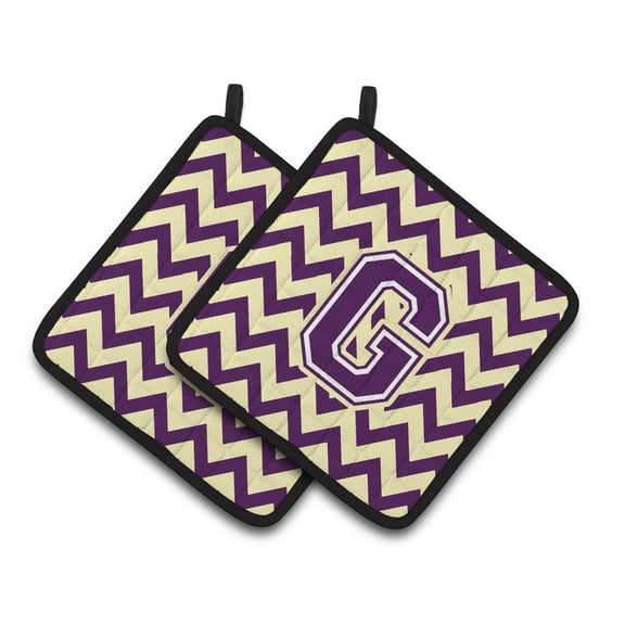Letter G Chevron Purple and Gold Pair of Pot Holders