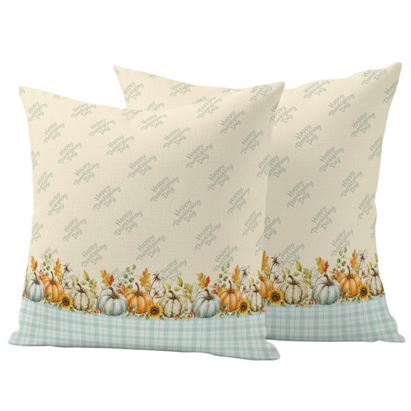 Beige Green Pumpkins Fall Outdoor Waterproof Pillow Covers, Thanksgiving Botanical Farmhouse Decorative Square Throw Pillowcase Sofa Cushion Sham for Patio/Couch/Chair, 16"x16" 2 Pack