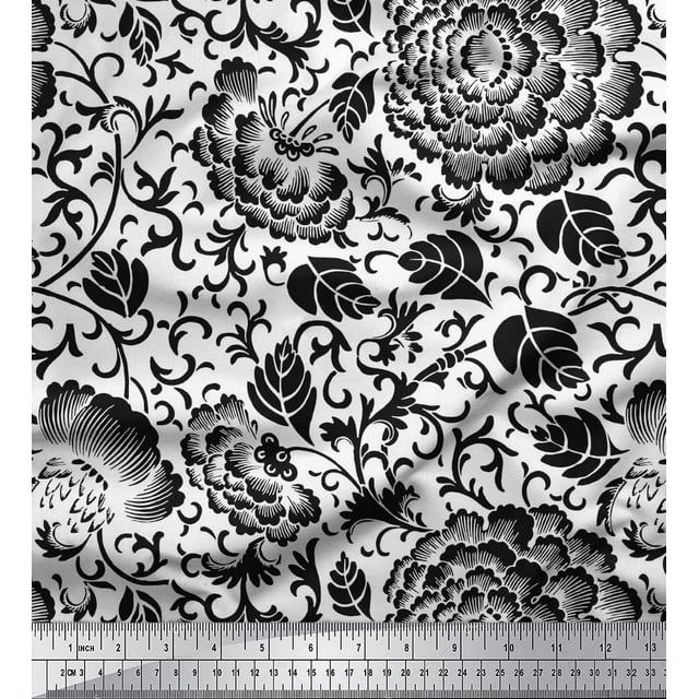 Soimoi Rayon Fabric Leaves & Marigold Artistic Print Sewing Fabric Yard 42 Inch Wide
