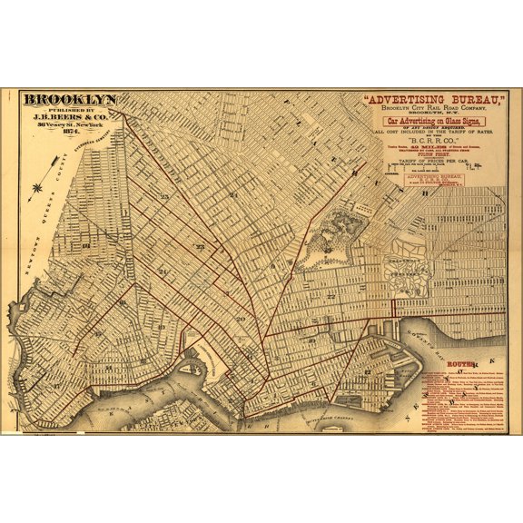 24"x36" Gallery Poster, map of Brooklyn 1874
