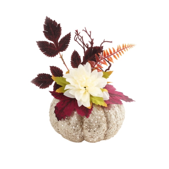 Artificial Glitter Pumpkin with Faux Dahlias and Autumn Leaves, 2026 Fall Thanksgiving Harvest Centerpiece, Farmhouse Tabletop Arrangement for Home Mantel Display