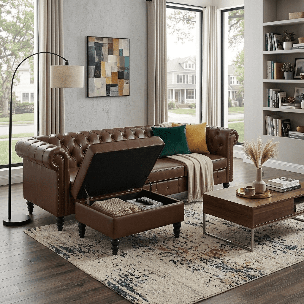 Howcool 85"W Chesterfield Sectional Sofa with Storage Ottoman,L-Shaped Faux Leather Sofa Couch,4-Seater Modular Sofa with Tufted Back & Nailhead Trim for Living Room,Brown