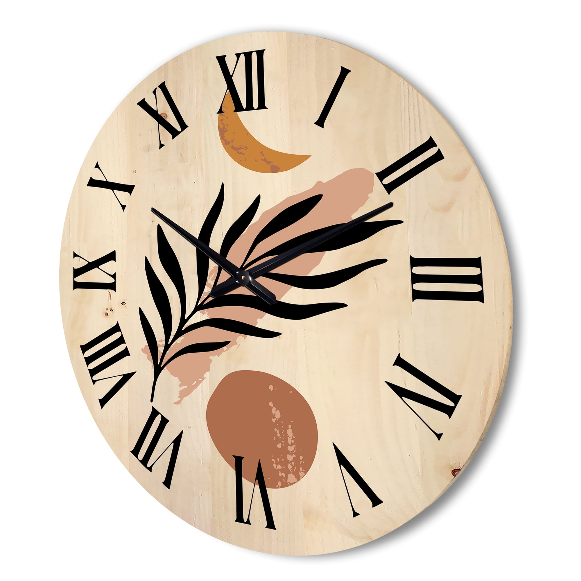 Designart 'Abstact Tropical Palm Leaf, Minimal Sun And Moon I' Modern Wood Wall Clock
