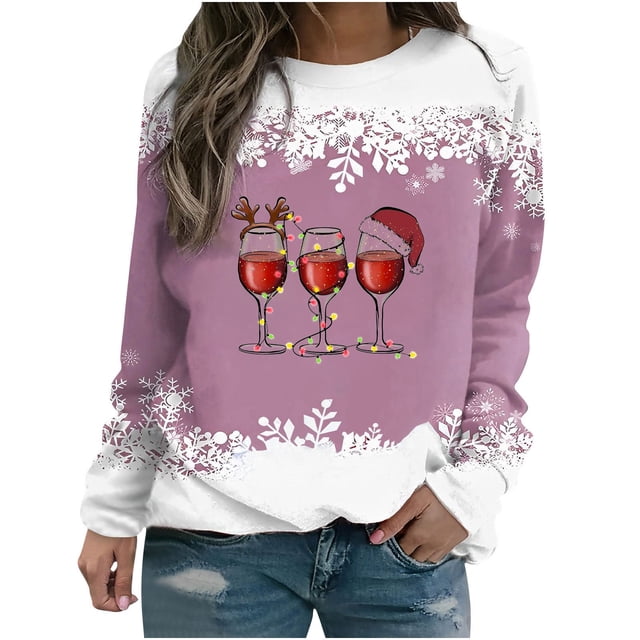 Chandails à Capuchon de Noël pour Femmes, T-shirt Imprimé d'Hiver, Manches Longues, Blouse, Col Rond, Hauts Décontractés, Chandails à Capuchon pour Femmes en Liquidation