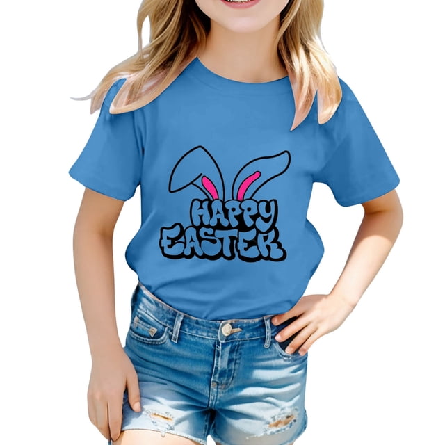 Chemises Filles Enfant Pâques Mignon Graphique Col Rond Manches Courtes Tee Été Décontracté Vêtements Bébé Filles Bleu 8-9 Ans