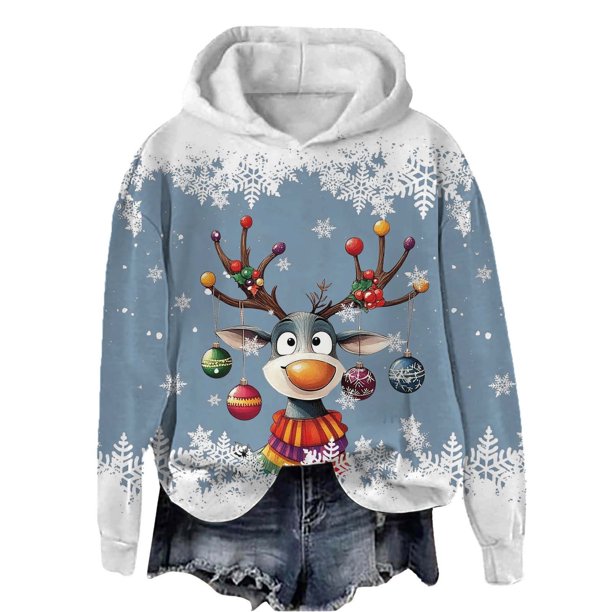 WILLBEST Sudadera Deportiva para Mujer, Estilo Casual, con Estampado Navideño de Ciervos con Cabeza Grande y Copos de Nieve, Cuello Redondo, Manga Larga y Capucha Ligera Chica