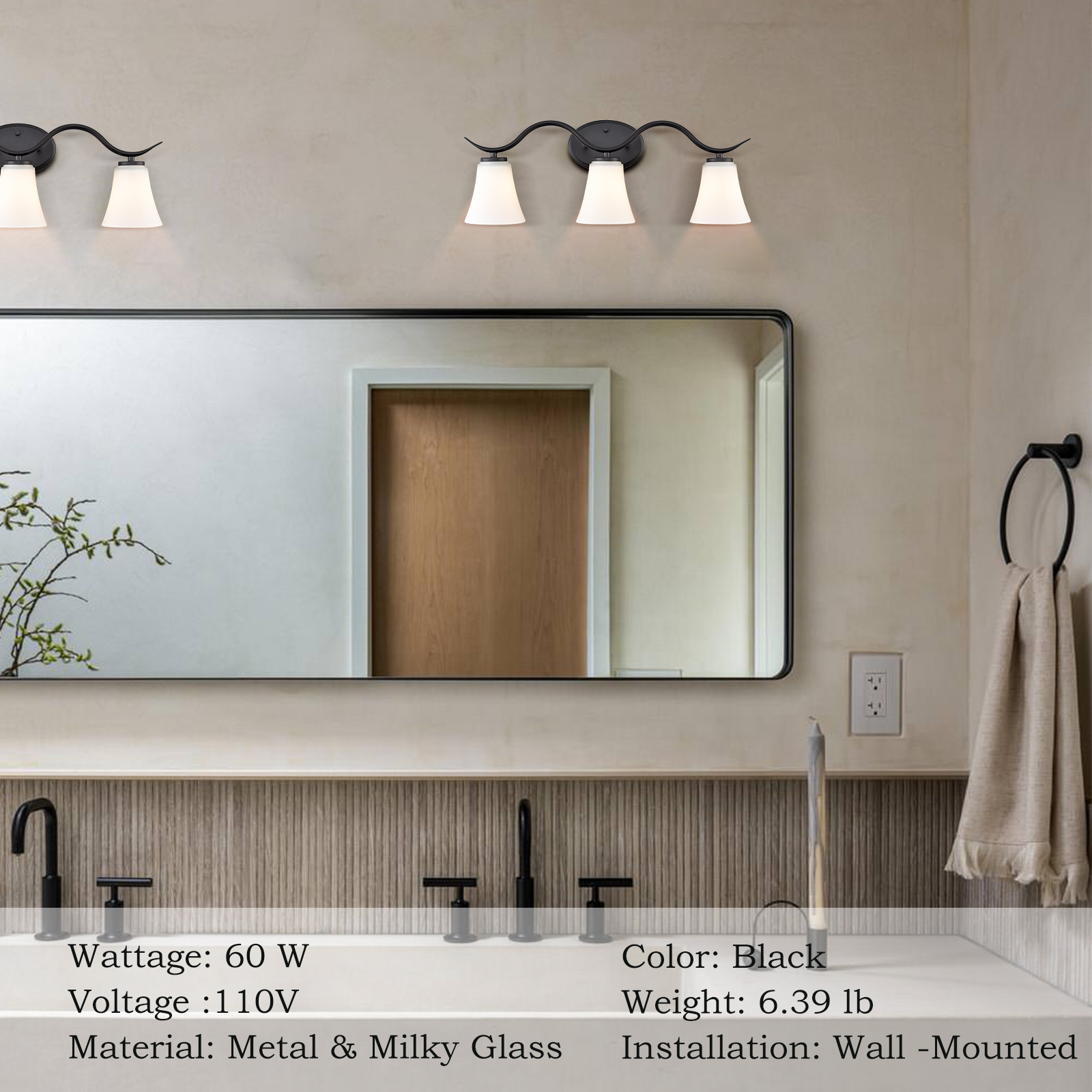Bergamo 3-Light Black Vanity Light Farmhouse Bathroom Light Fixture Black Wall Sconce with Frosted Glass for Bathroom,Powder Room,Hallway