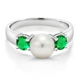 thumbnail image 2 of Gem Stone King 925 Sterling Silver Freshwater Pearl and Green Nano Emerald Ring for Women (0.80 Cttw, Gemstone May Birthstone, Size 6), 2 of 3