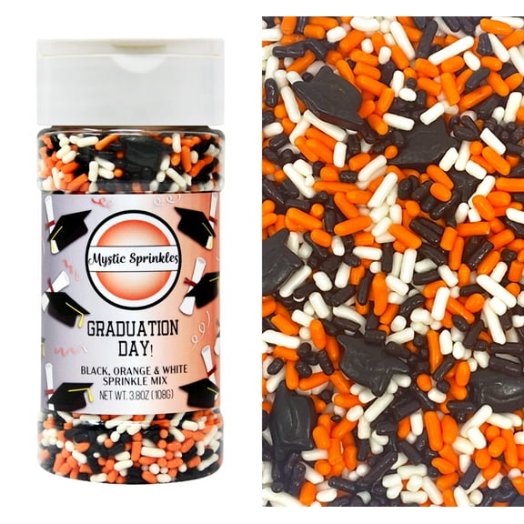 Mystic Sprinkles Graduation Day! Black, Orange & White Sprinkle Mix 3.8 oz.
