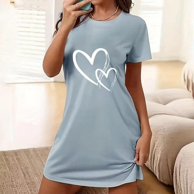 Shorts pour Femmes Grande Taille Imprimé Amour de la Saint-Valentin Chemise de Nuit Courte Col Rond Manches Courtes Chemise de Nuit Grande Taille pour Femmes
