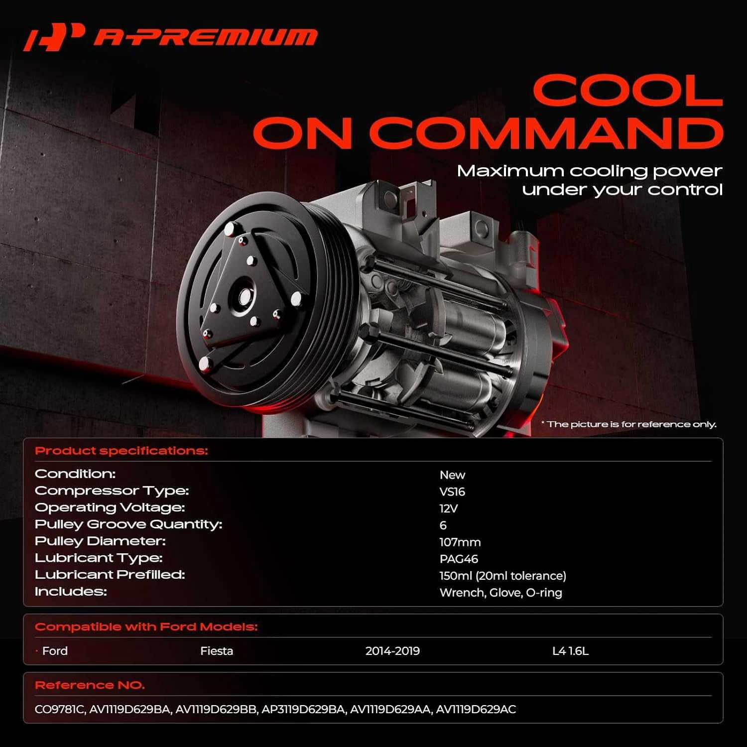 A-Premium Air Conditioner AC Compressor with Clutch Compatible with Ford Fiesta 2014-2019 L4 1.6L