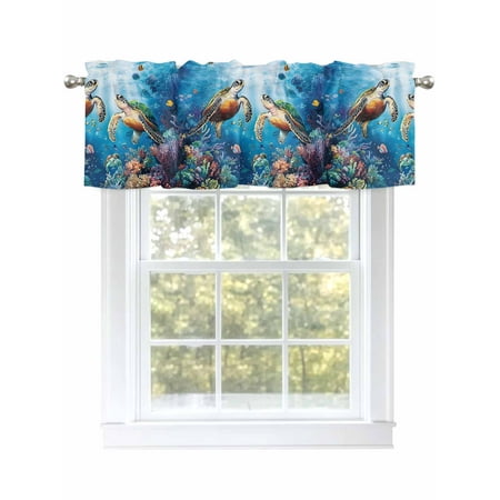 Turtle Valances for Windows Rod Pocket Kitchen Valance Curtains - Soft & Washable Small Window Treatment for Living Room Bathroom Ocean 42x12 Inch 1 Panel