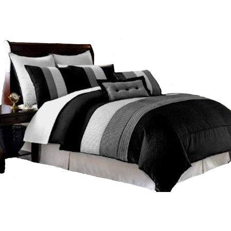 Legacy Decor 8 Pieces Black White Grey Luxury Stripe Comforter Bed
