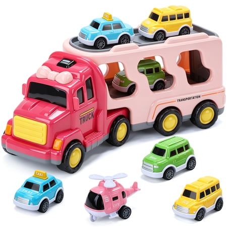 CUTE STONE Kids Car Carrier Truck Toy with 4 Mini Vehicles & Helicopter Transport Truck Playset for Toddlers Portable Storage Car Bus Toy for Boys & Girls Ages 3+ Pink