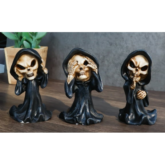 Set Of 3 See No Evil Speak No Evil Hear No Evil Grim Reaper Chibi Mini Figurines