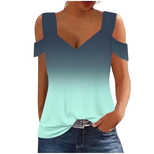 Plebaso Cold Shoulder Womens Gradient Tops V Neck Short Sleeve Blouses Loose Basic Tees Summer Casual Shirts
