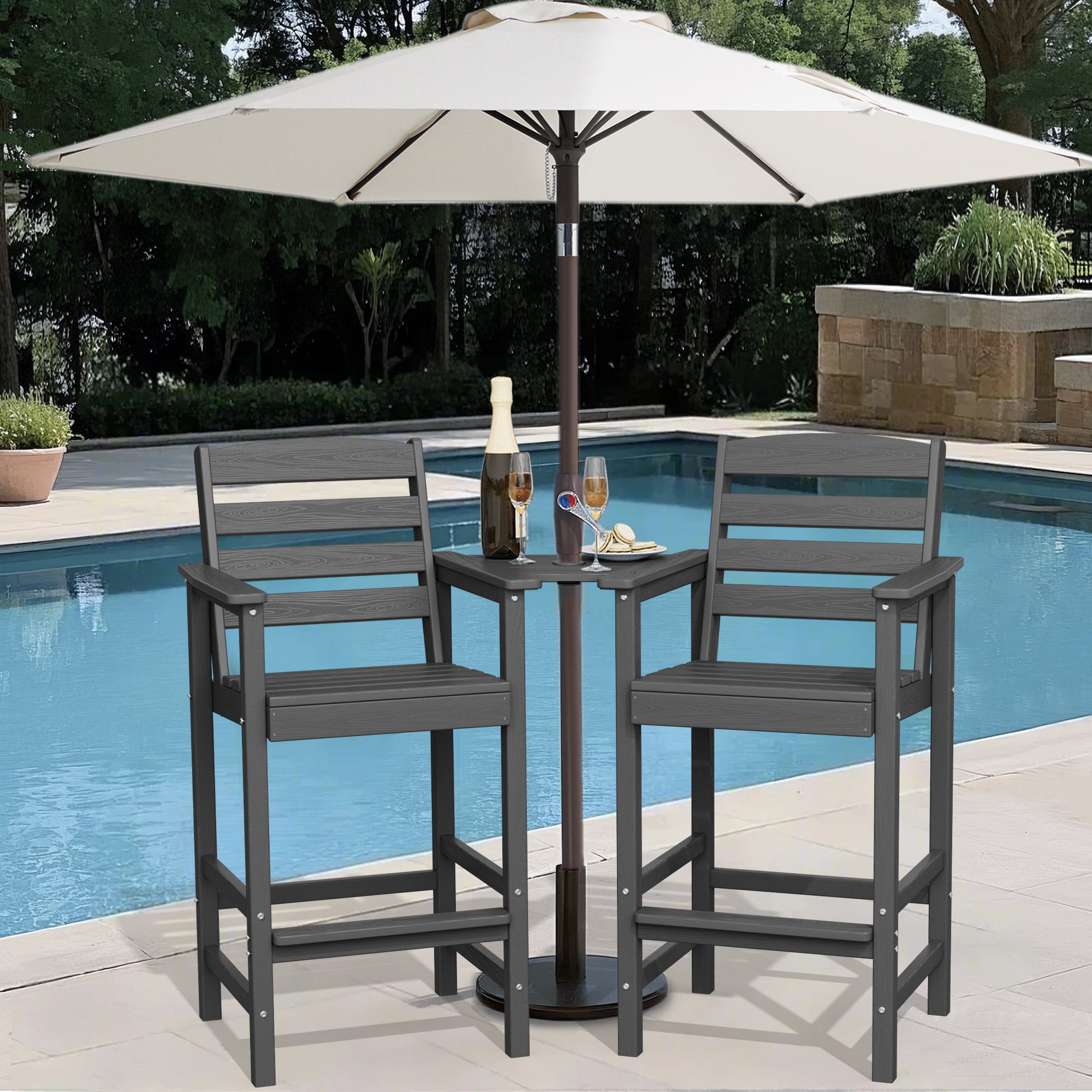 LOYALICE Balcony Chair Set of 2, Outdoor Adirondack Barstools with Connecting Tray, Gray