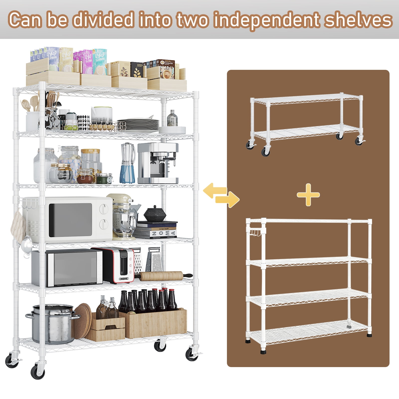 Ktaxon 6 Tier Wire Shelving with Wheels, 46"D x 18"W x 82"H Multifunctional Storage Rack Metal Garage Shelves Organizer, Capacity for 2400lbs, White