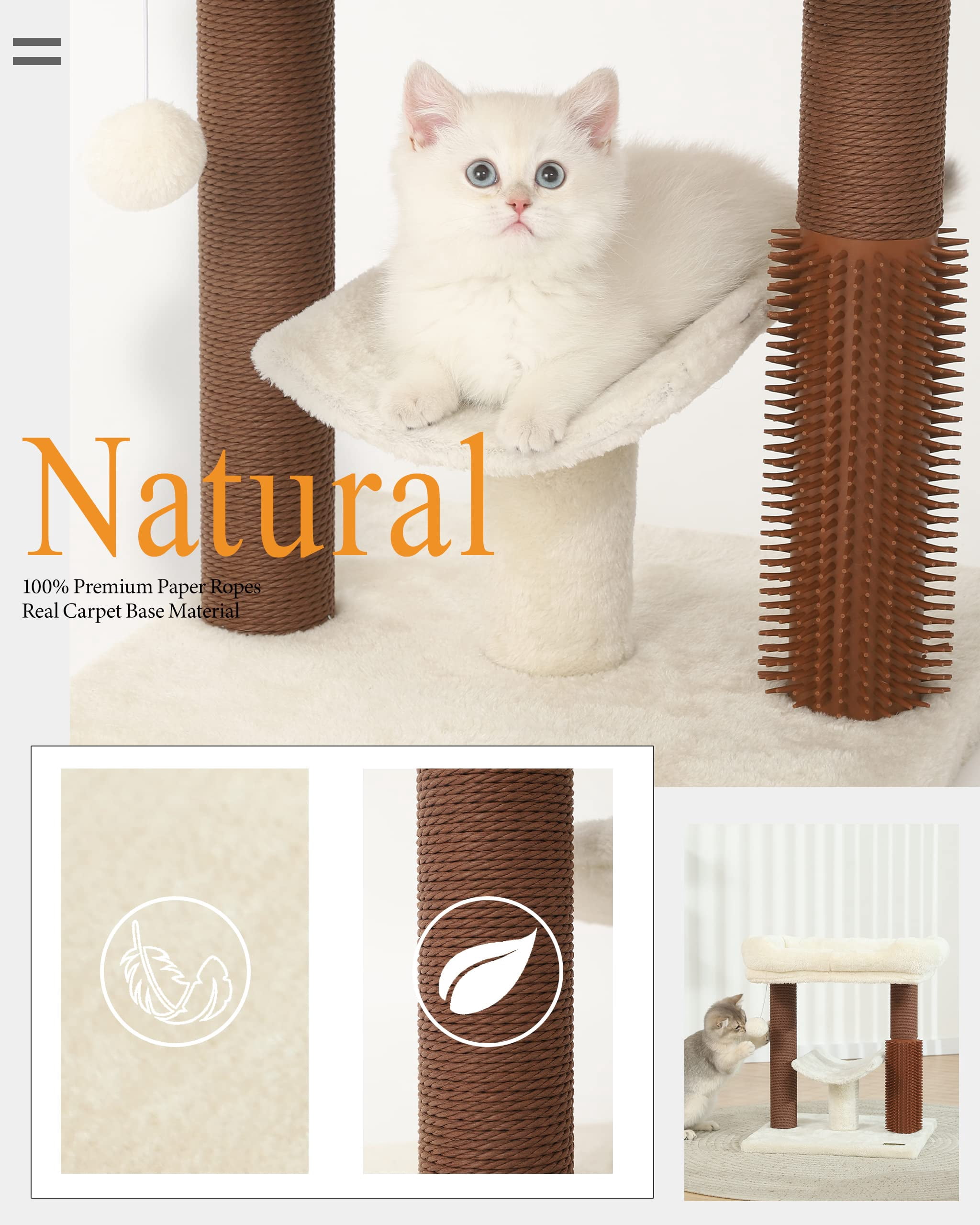 Hoopet 20" Cat Tree Tower, Scratching Post for Indoor Cats with Cozy Perch, Self Groomer & Interactive Ball,Beige