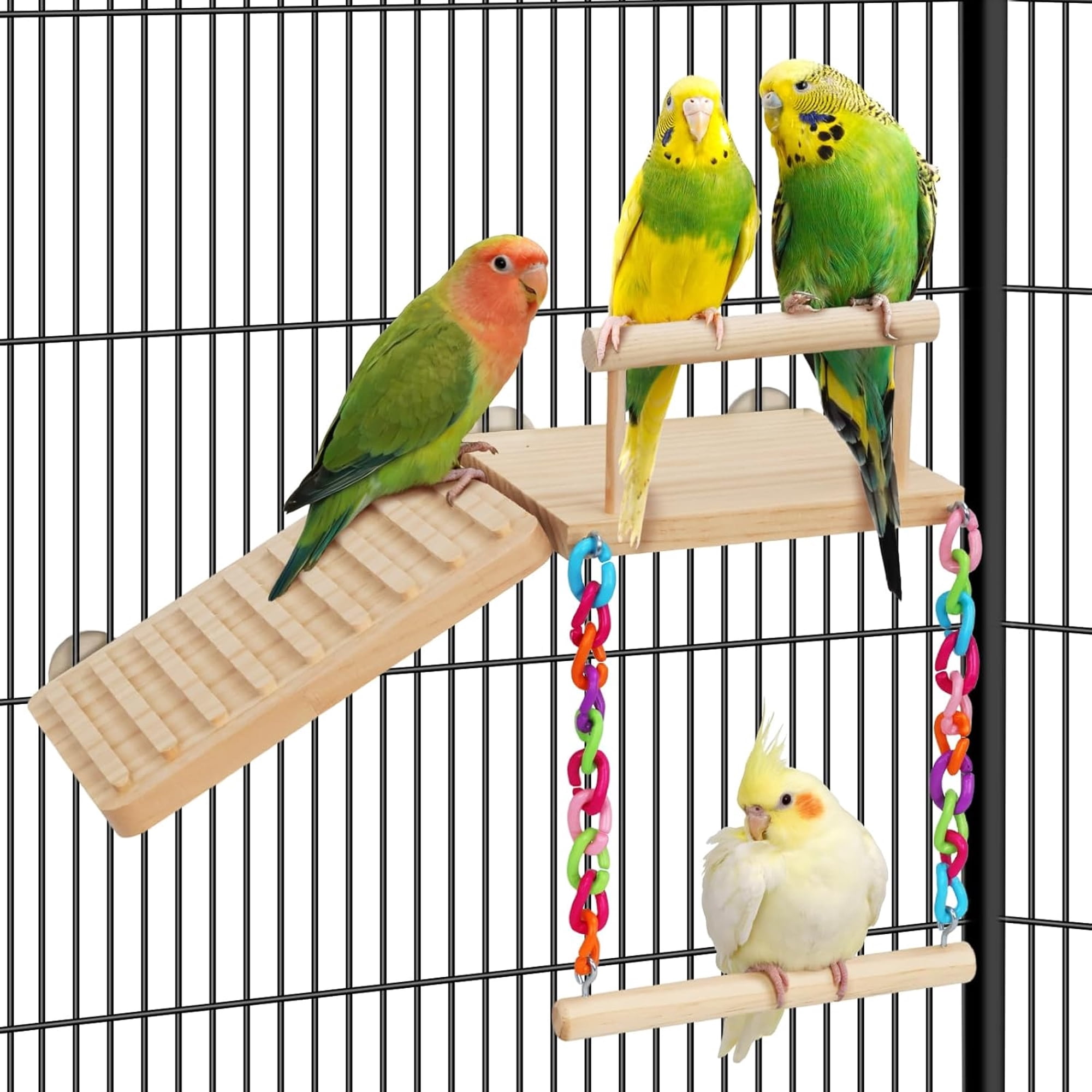 BESTSKY Bird Perches Platform Swing with Climbing Ladder Birds Toys Cage Accessories for Cockatiels,Lovebirds,Pacific Parrotlets,Chinchilla,Hamster Play Gym Exercise Stand