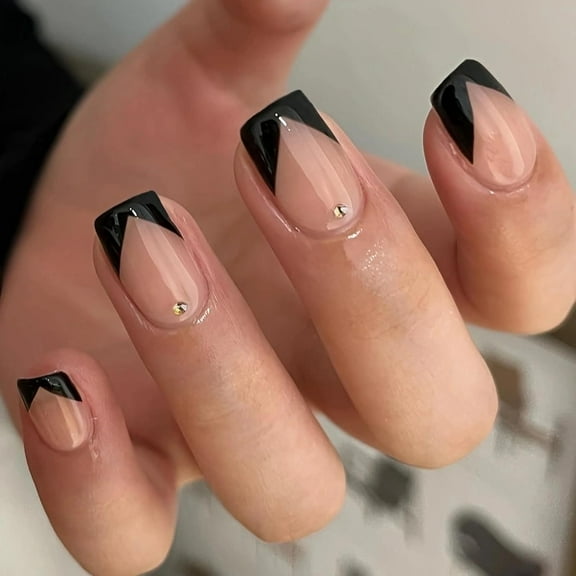 Press on Nails Short Square Fake Nails Glossy Glue on Nails Black French Tip Acrylic Nails Rhinestone Artificial Nails Squoval False Nails with Design 24 pcs 04210Black 0.04 Fl Oz (Pack of 24)