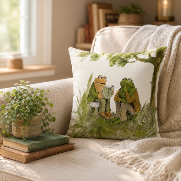 Frog and Toad Reading Illustration Throw Pillow Cover – Decorative Cushion Cover, Available in 18x18, 20x20, 24x24 in