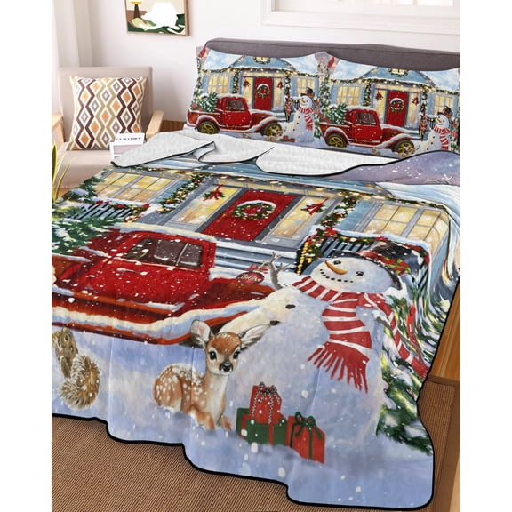 Christmas Queen Size Down Alternative Comforter, Lightweight Comforter Quilt Bedding Set with Pillow Shams Farmhouse Xmas Snowman Truck Tree All Seasons Bed Comforter Duvet Insert 90"x96"