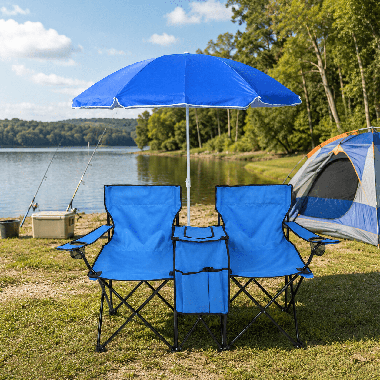Alvantor 2-Seat Outdoor Folding Chair with Removable Sun Umbrella, Blue